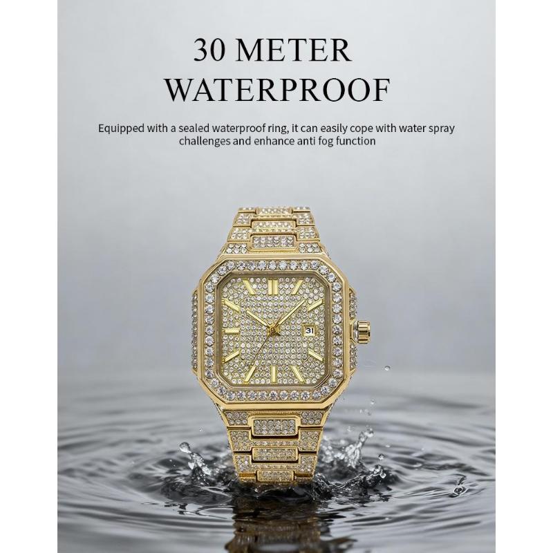 Luxury Bling Women's Watch Gold Full Paved Crystal Square Dial Quartz Wristwatch Waterproof Luminous Calendar Display