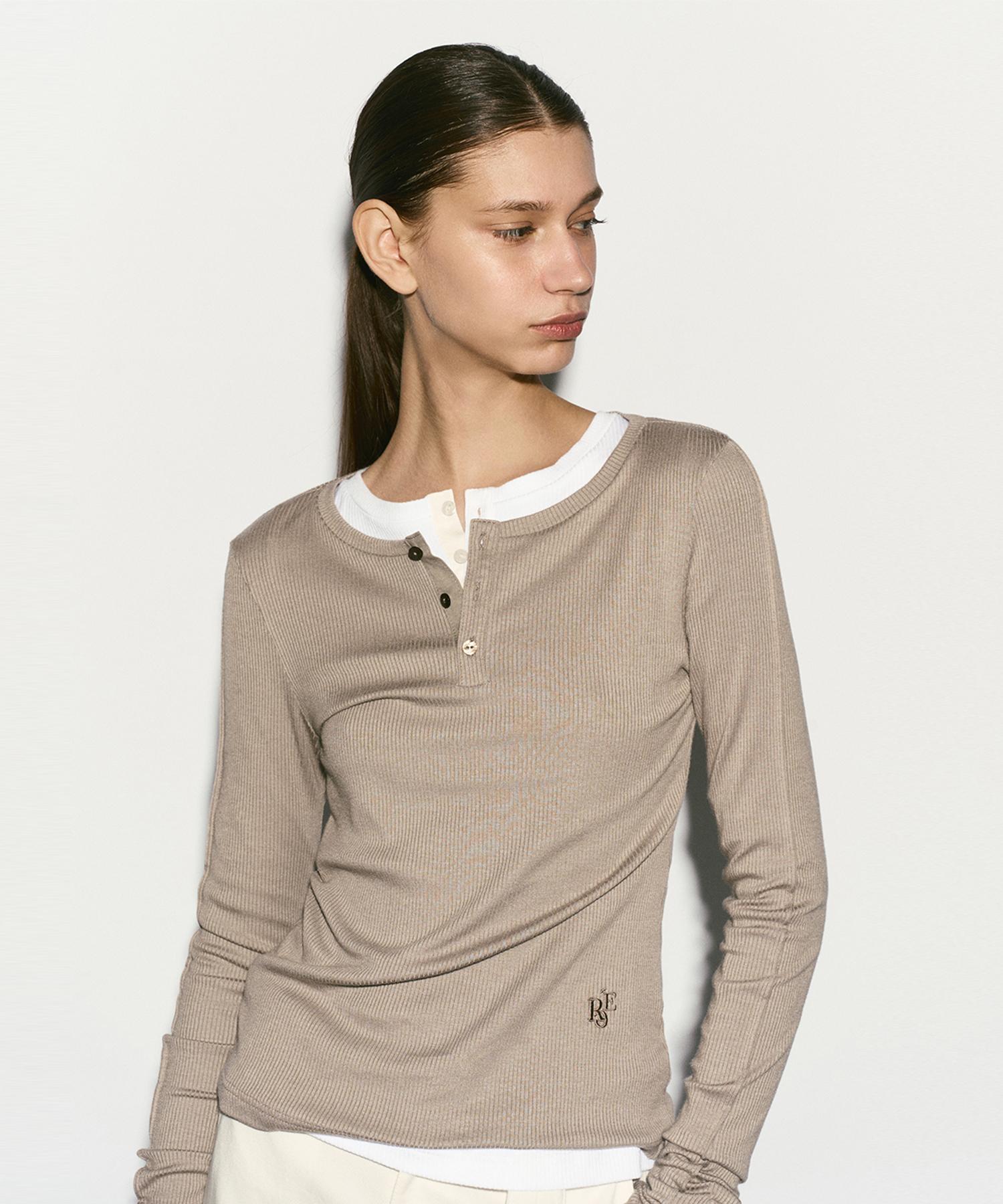 Rie Long Sleeve Button Top Mocha Mocha/L