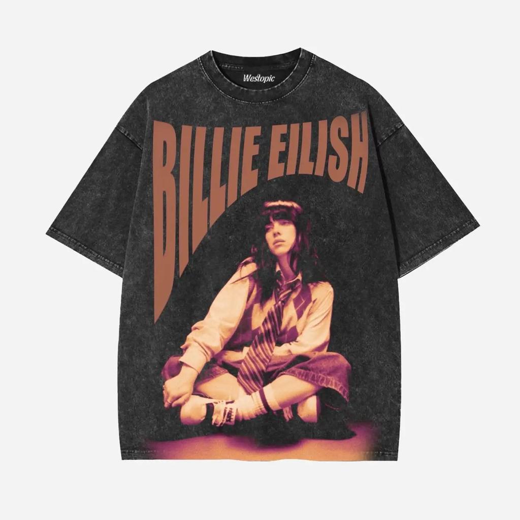 BILLIE EILISH American Trendy Vintage Washed Graphic Print Tshirts Men Women Tops Oversized Cotton Short Sleeves Oversized Tees
