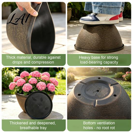 Breathable Garden Pot with Drainage Resin Flower Planters Vintage Plant Hole & Saucer Lightweight Durable Imitation Stone for Indoor Outdoor Retro