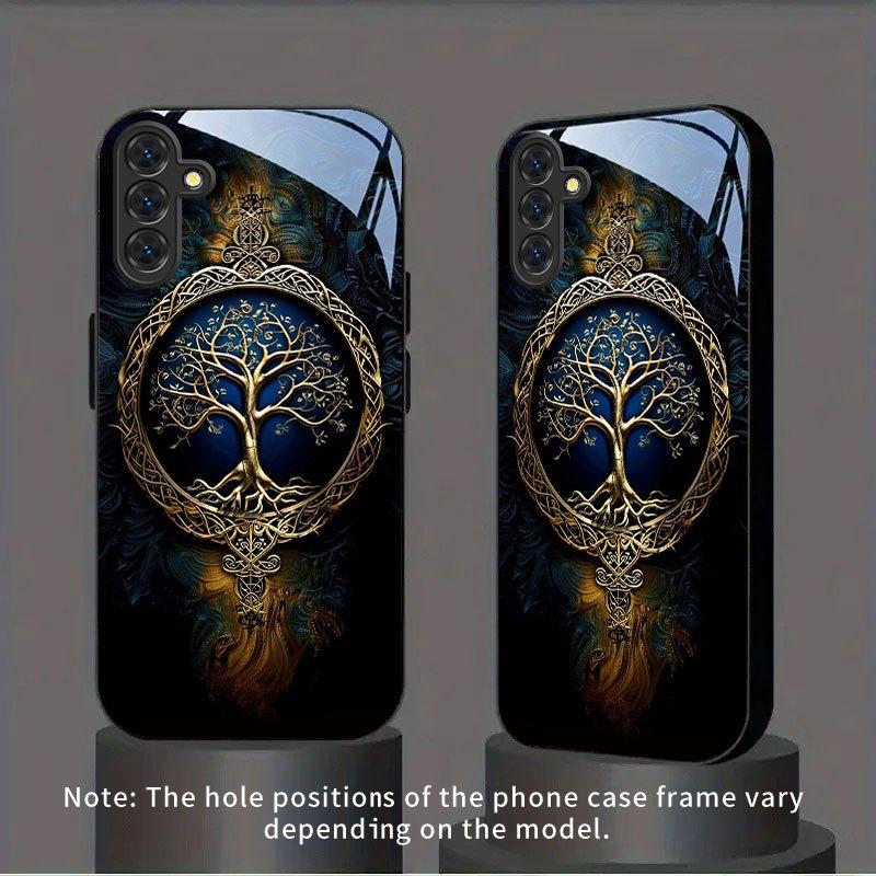 Blue Gold Life Tree Pattern Tempered Glass Phone Case Suitable for Samsung Galaxy S26 S25 S24 S22 S21 S20FE/Ultra/Plus Anti Drop