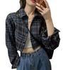 Women's Korean Retro Plaid Slimming Shirt - Long Sleeve, Short Top for Spring & Autumn 2025