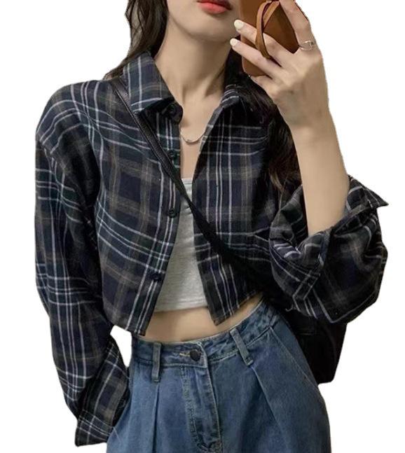 Women's Korean Retro Plaid Slimming Shirt - Long Sleeve, Short Top for Spring & Autumn 2025