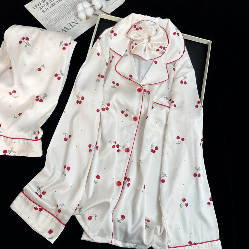 Yase Cherry Girl Ice Silk Pajamas - Spring/Autumn Cherry Print with Hair Tie M вишневой девушки