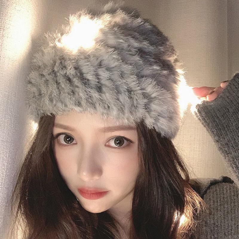 

Элегантная утолщенная шапка из натурального кроличьего меха, женская, осенне-зимняя, корейская версия, с защитой ушей, ретро плюшевая шапка, теплая, сетчатая, шерстяная шапка знаменитости серый