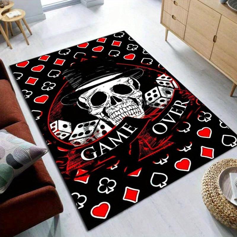 Skull Poker Game Over Rug for Game Room Dark Theme Design Floor Mat Anti Slip Carpet Can Be Machine Washed