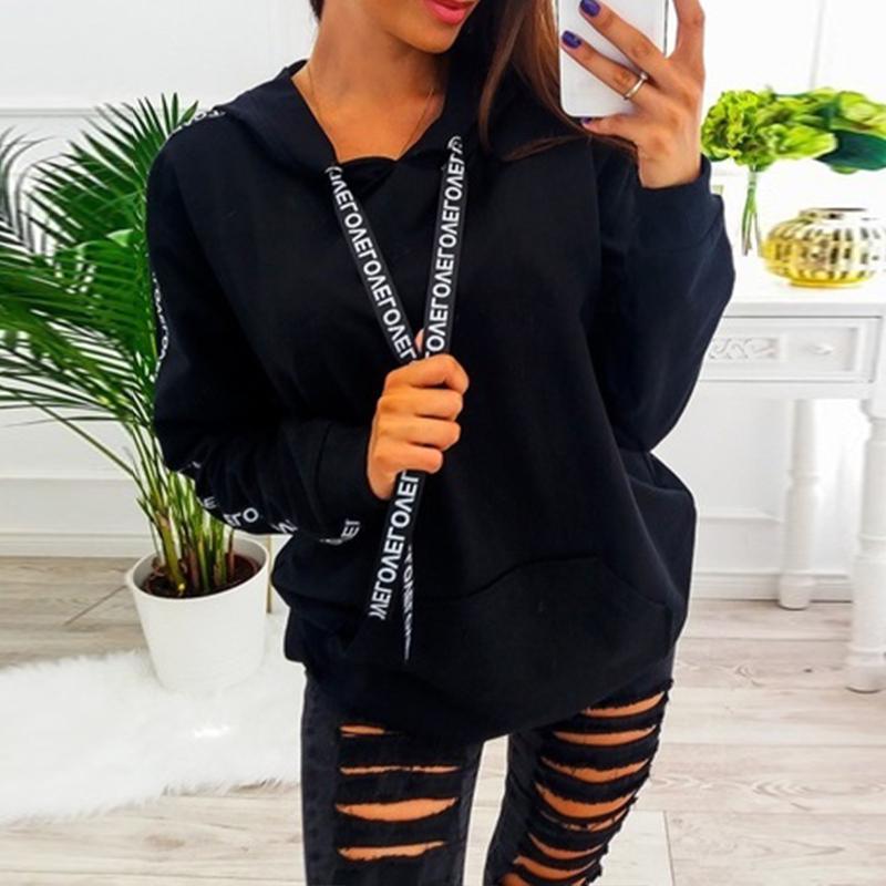 Women Autumn and Winter Letters Printed Casual Hooded Hoodies Pullover Loose Sweatshirt Female Outwear
