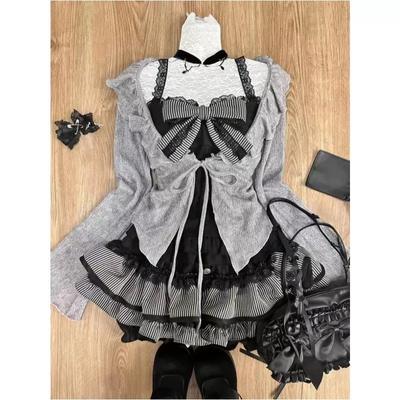 Women Sets Sweet Lolita Lace Cardigan Sexy Slim Fit Strapless Vest High Waist Ruched Skirts Early Autumn Three Piece Sets
