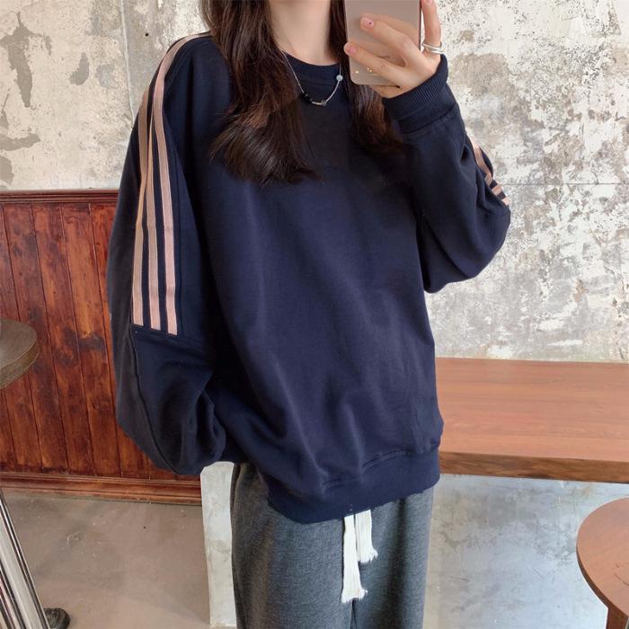 

Повседневная осенняя толстовка женская свободная полосатая куртка с длинным рукавом модный топ M темно-синий