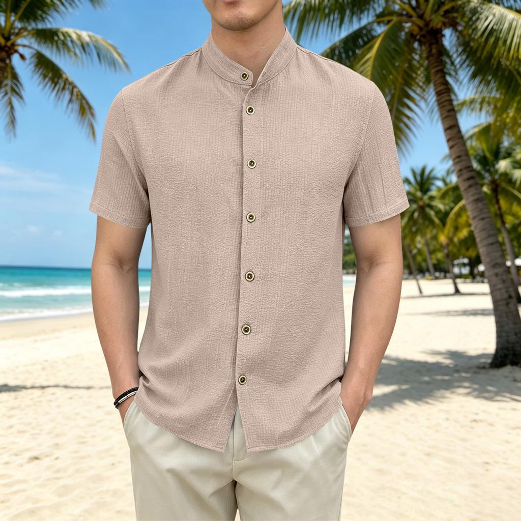 Men's Casual Loose Fit Short Sleeve Shirt Stand Collar Button Front Lightweight Summer Top