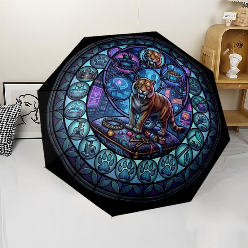 Cybernetic Tiger pattern umbrella, portable and foldable design, 8 ribs, a casual accessory for Halloween, Christmas, and birthday gifts.