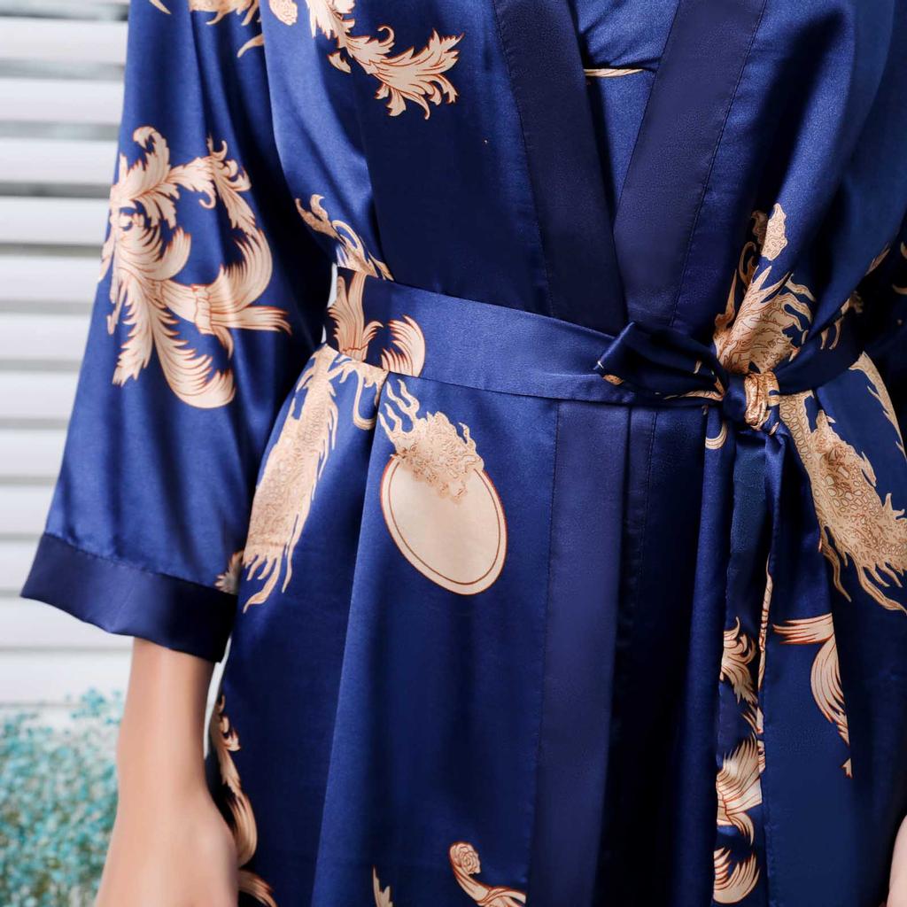 Unisex Imitation Silk Nightgown All  Thin Long Sleeve Cardigan