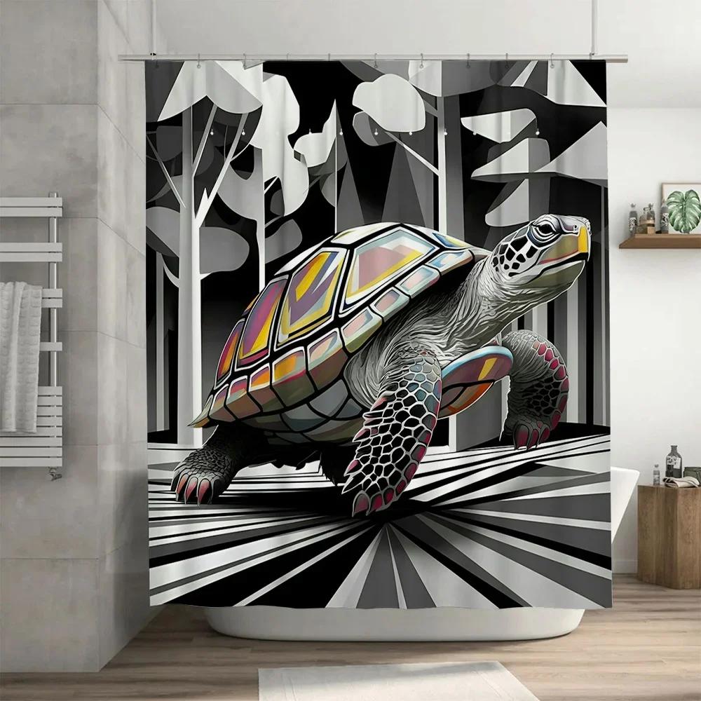 Animal-themed waterproof shower curtain colorful turtle design for bathroom decor.