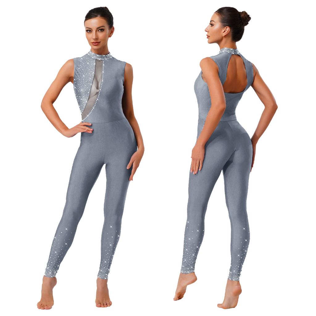 Combinaison de compétition pour femme S-XXL: Combinaison moulante sans manches à dos creux et strass pour gymnastique, yoga, entraînement