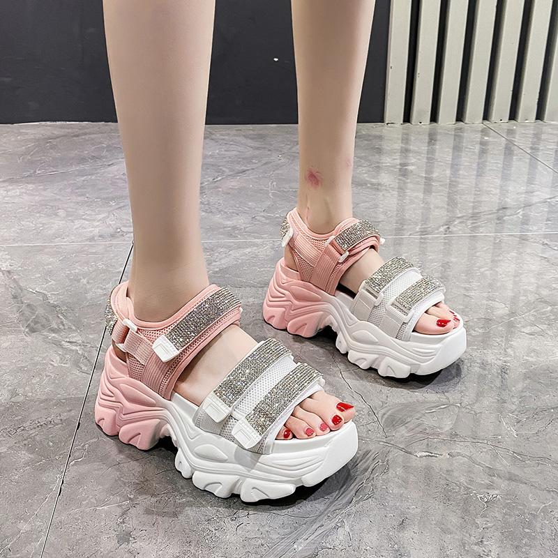 Fashion Women Thick Bottom Gladiator Sandals Summer Chunky Bling Sneakers Fashion High Platform Slippers 8CM Wedge Heel Beach Sandalias