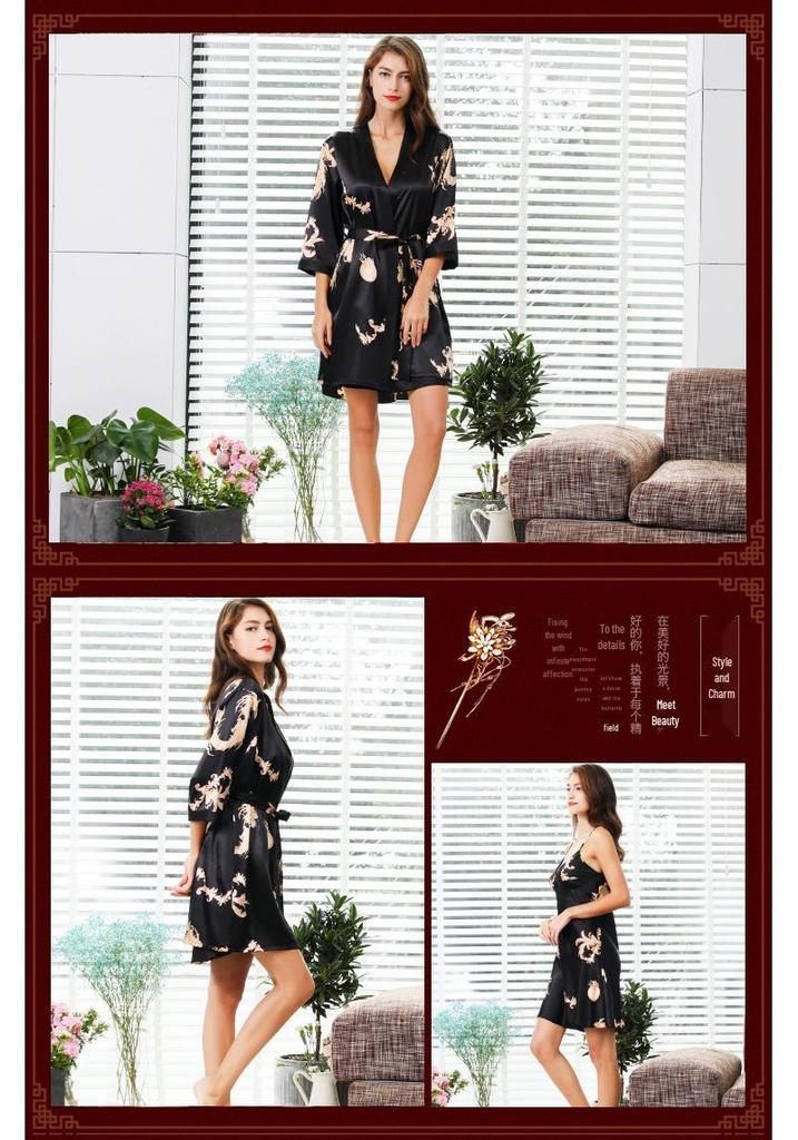 Summer Couple Silk Imitation Loungewear: Women's Nightgowns & Men's Bathrobes with Short Sleeves and Shorts.