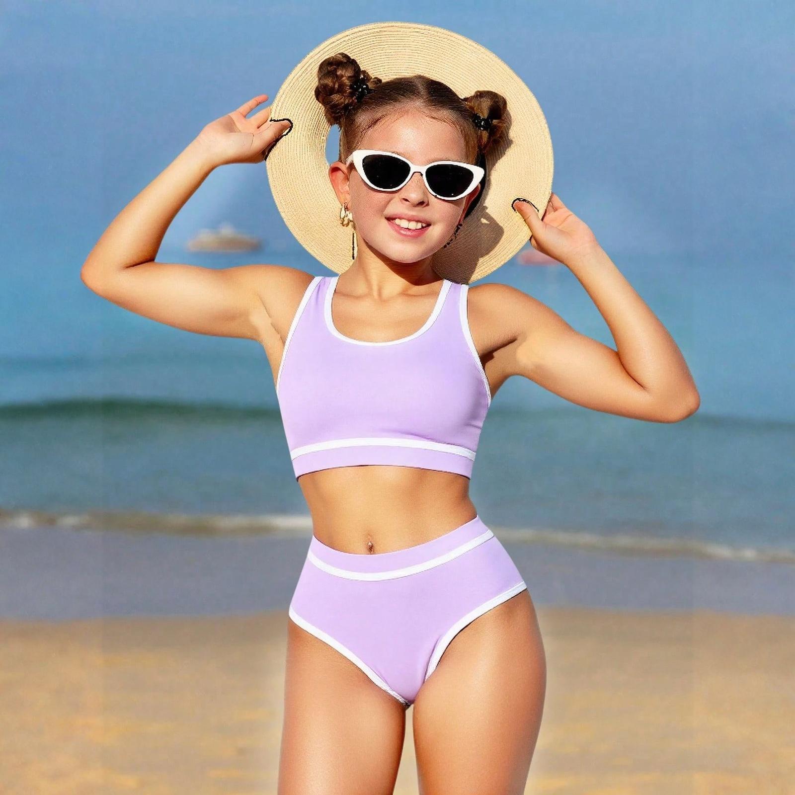 Winnerer Neptune Bikini Set voor Meisjes - Tiener Zwemkleding Losse Top & Broekje 130 paars