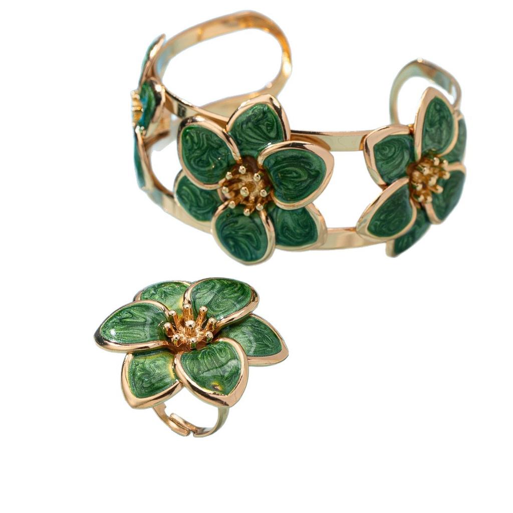 Set Metal Drip Oil Flower Ring + Bracelet + Earrings Personality