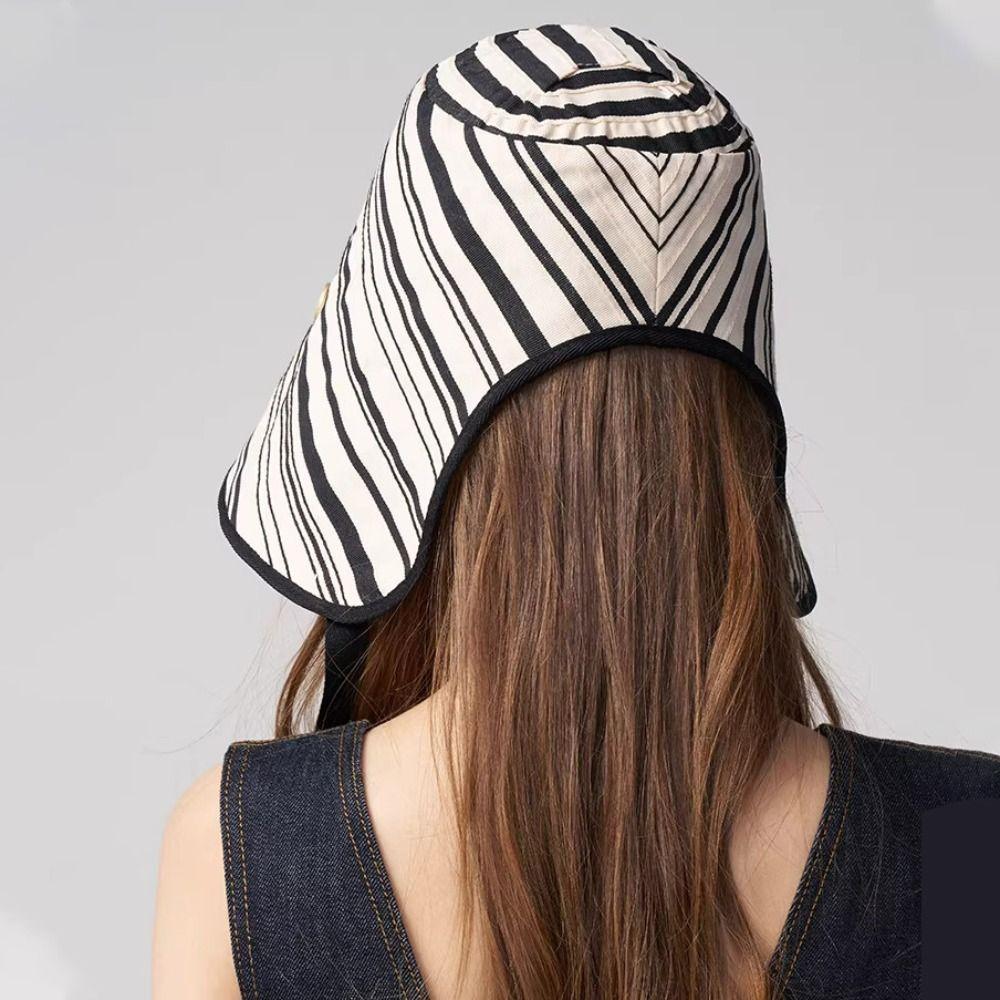 Wide Brim Women Striped Fisherman Hat Solid Color Bucket Hat Casual Sunscreen Visor Cap Camping