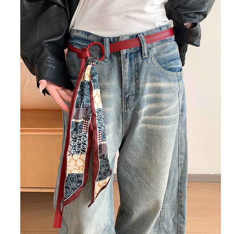 Retro Ethnic Style Printed Silk Scarf Leather Waist Chain Bohemian Personality Belt Clothing Accessories