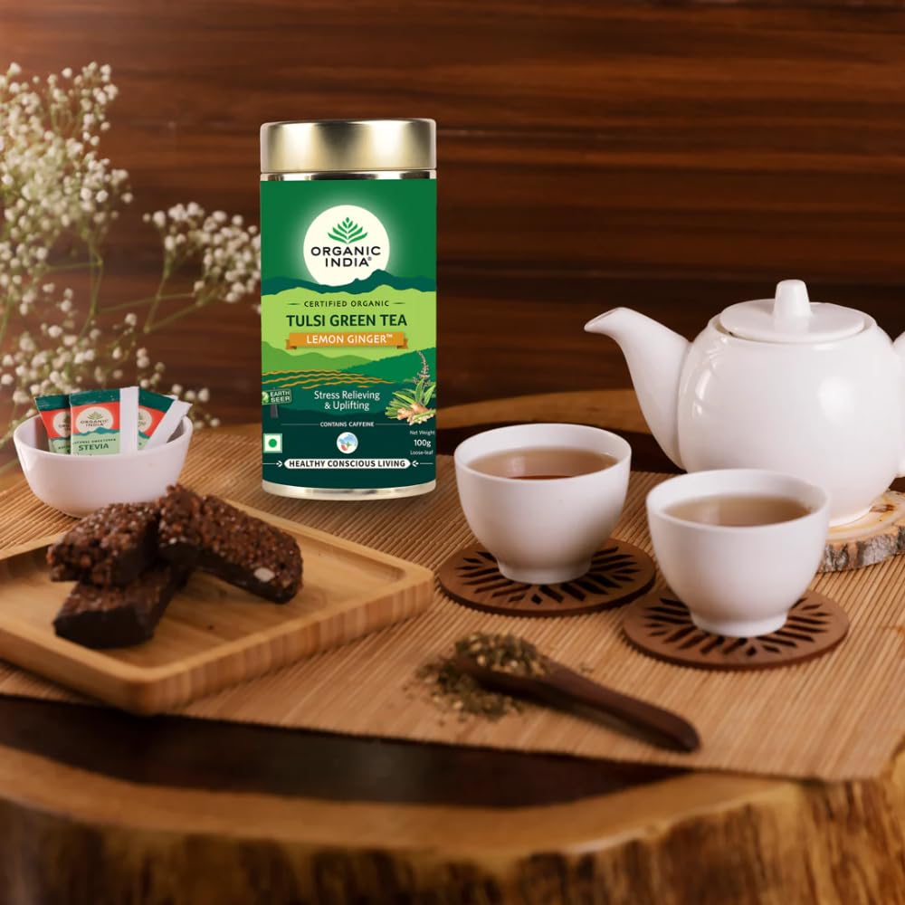 Organic India Tulsi Green Tea Lemon Ginger 100 g Tin Relaxing Herbal Tea Blend for Stress Relief