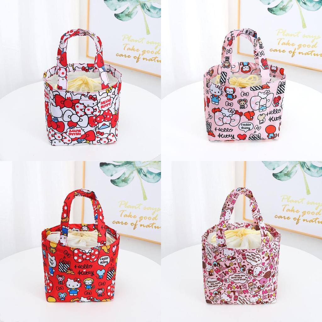 Hello Kitty Cartoon Oxford Cloth Insulated Lunch Bag With Drawstring Closure For Picnics And Outings