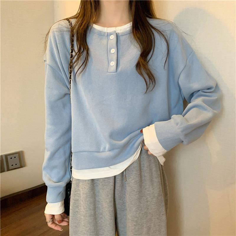 

Fake two-piece sweater women s thin cotton loose design niche top 2XL светло-синий