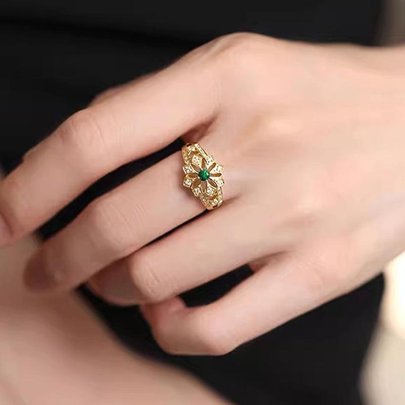 Huitan Hollow Flower Design Gold Color Rings for Women Luxury Green/White Cubic Zircon Wedding Party Temperament Female Jewelry