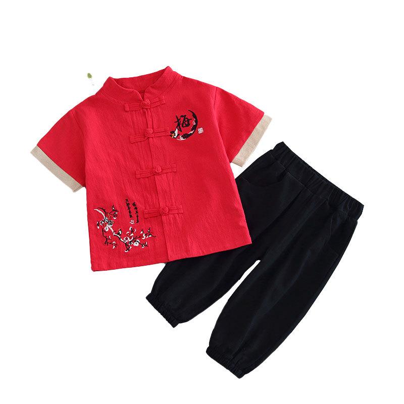 Sommer Baumwolle Leinen Zweiteiler Kurzarm Chinesischer Tang Anzug Hanfu für Jungen
