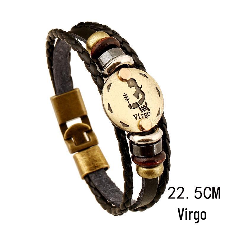 Twelve Constellations Genuine Leather Multi-layer Bracelet - Retro Woven Design for Couples
