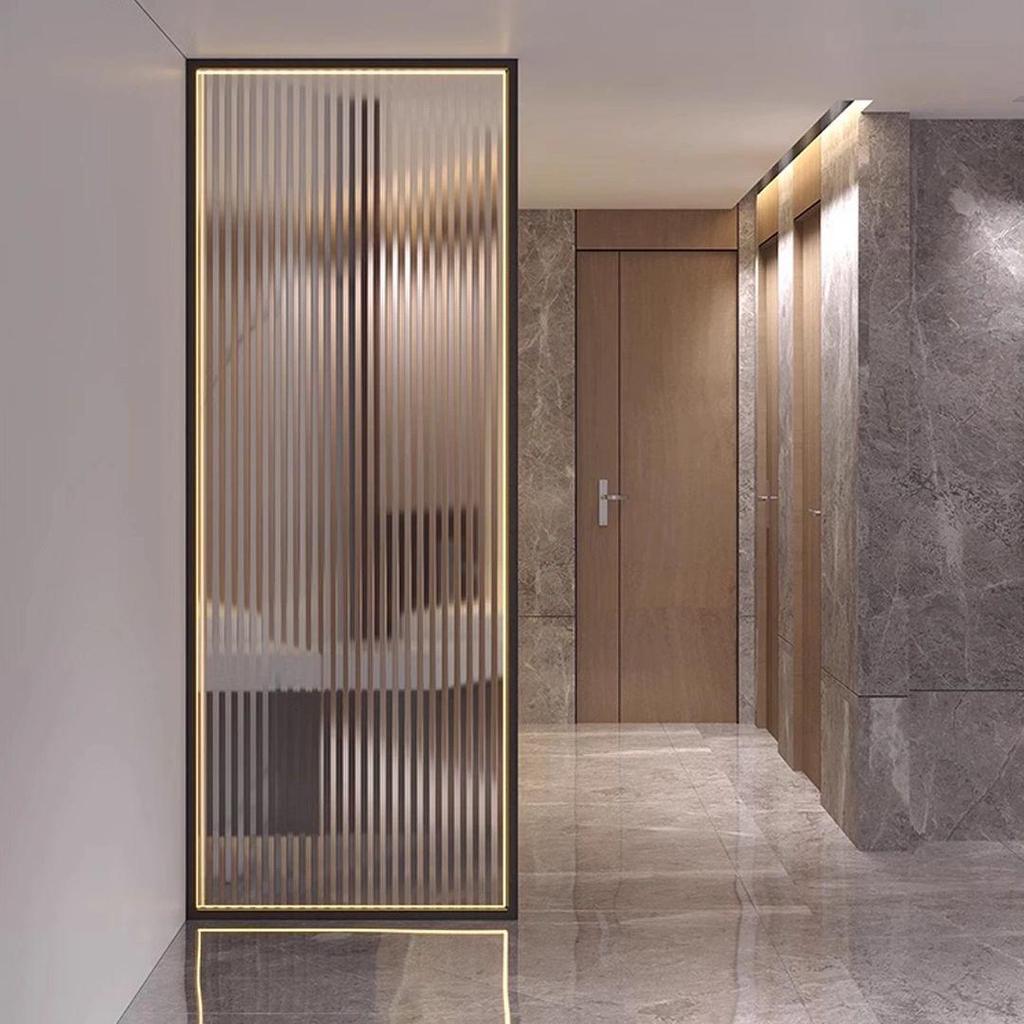 Modern Glass Screen: Laminated Glass with Wire Mesh and Illuminated Stainless Steel for Entrance or Hallway