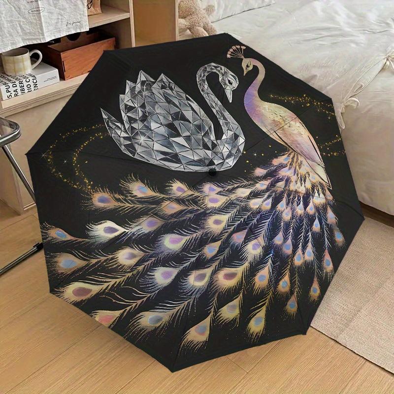 

1pc Swan Peacock Umbrella - Automatic Open/Close Umbrella with Beautiful Pattern Design, Portable 3-Fold Compact Umbrella for Iron&8K