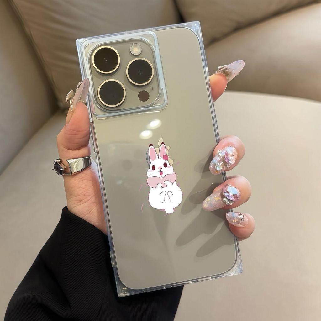 Clear Square Back Tube Case Protection For iPhone 11 15 Plus 13 16 ProMax 14 Pro Max 12 Jumping Rabbit Pattern