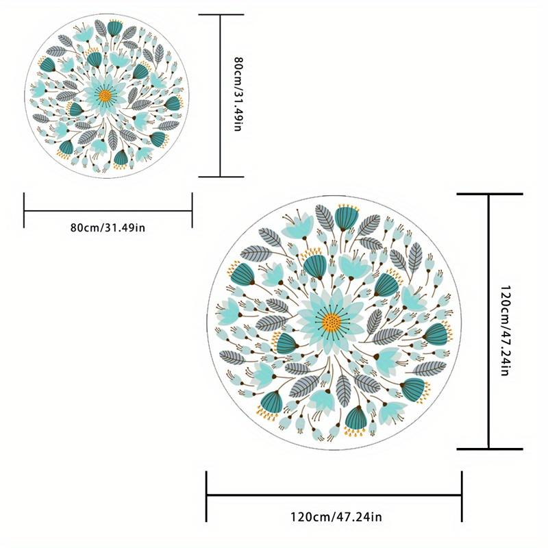 Crystal Velvet Carpet1pc Round AntiSlip Washable Mat With Floral Pattern Teal And Blue Leaf Design, Soft Polyester Material, Per