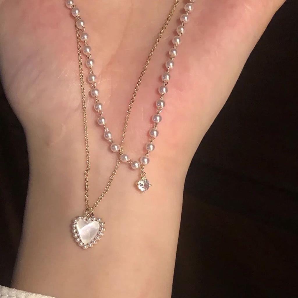 Micro-inlaid pearl double-layer love necklace women's light luxury high-end design sense niche stacked neck chain tide collarbone chain