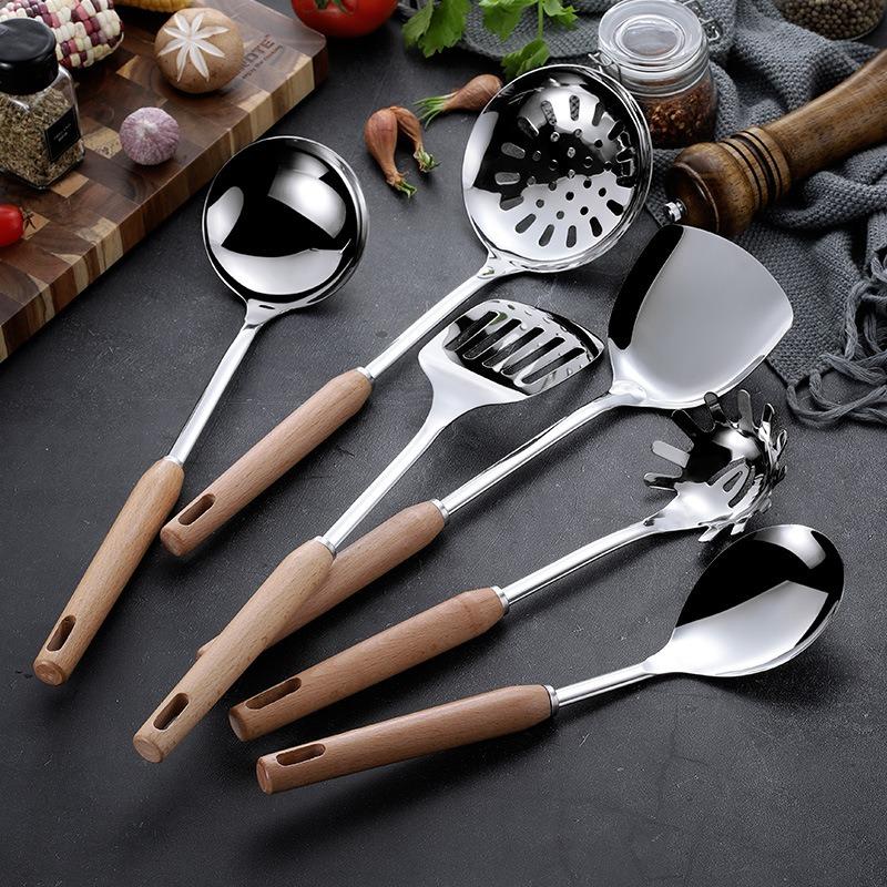 Wooden Handle Stainless Steel Kitchenware Cooking Spoons Spatulas Kitchenware Set Kitchen Cooking Spatula