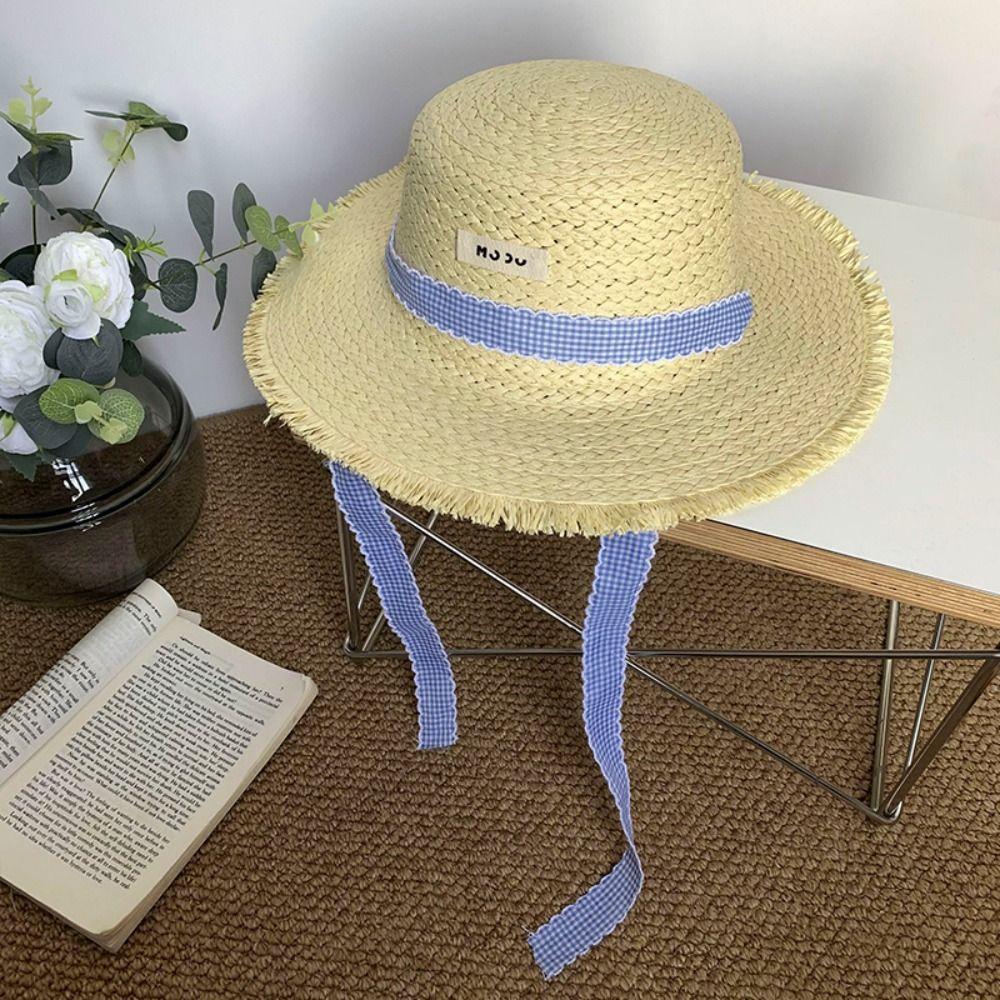 Letter Straw Weave Sun Hat Stripe Bowknot Beach Sun Cap Summer Sunscreen Bucket Hat  Summer