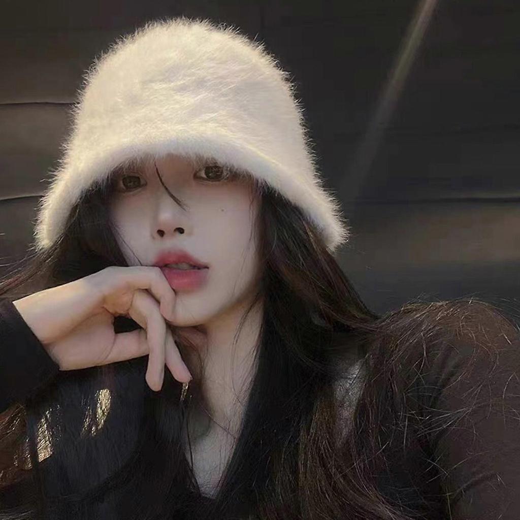 Multiuse Faux Furs Fisherman Hat with Solid Color Winter Warm Bucket Hat Windproof Basin Hat for Outdoor Camping Walking  White