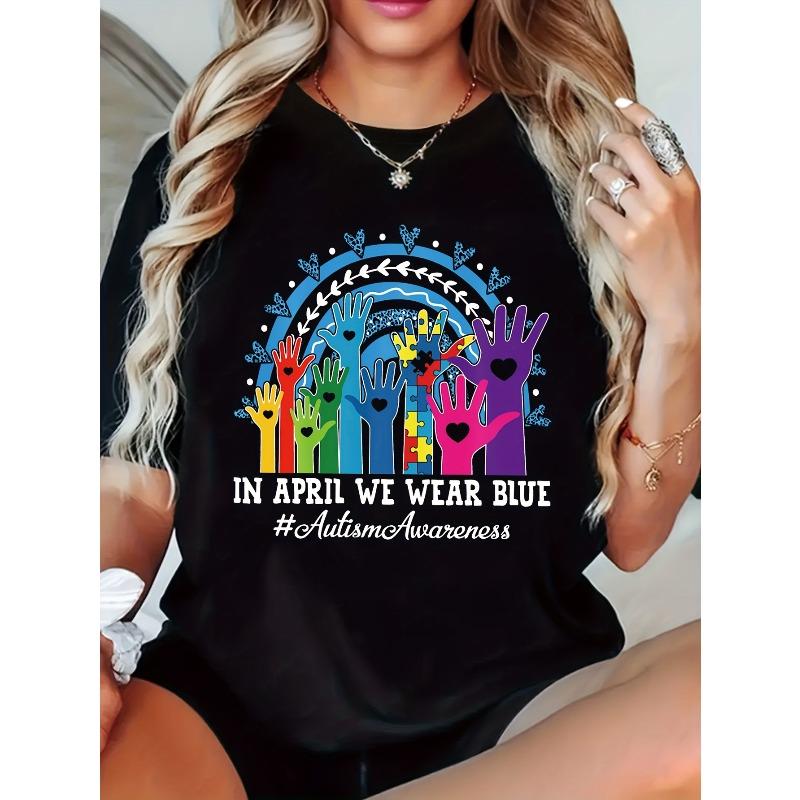 

European Size Plus Size - Women S In April We Wear Blue Autism Awareness T-Shirt - White Tee with Colorful Hand Prints & Butterfly Design 4XL