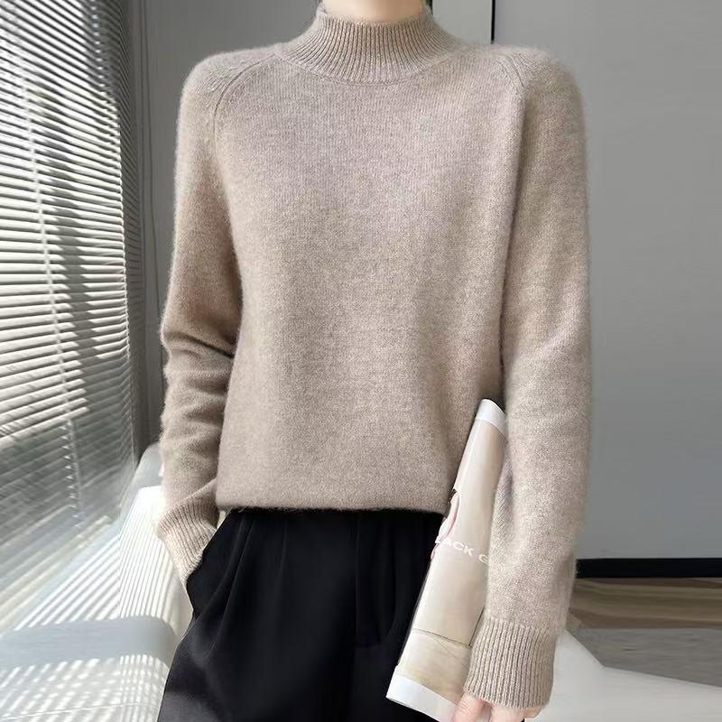 Women's Round Neck Double-Ply Pure Wool Sweater - Thickened Plus Size Solid Color Cashmere Knit Pullover