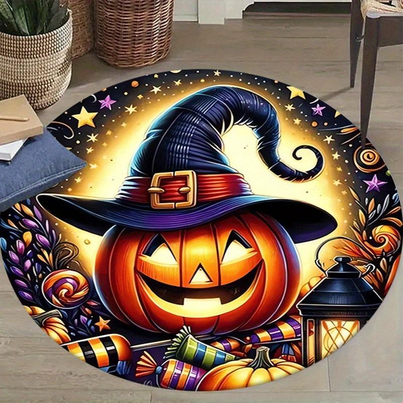 1pc Soft, Absorbent & Non-Slip Halloween Pumpkins and Candies Round Rug, Perfect for Entryway, Living Room, Bedroom Decor, Machine Washable