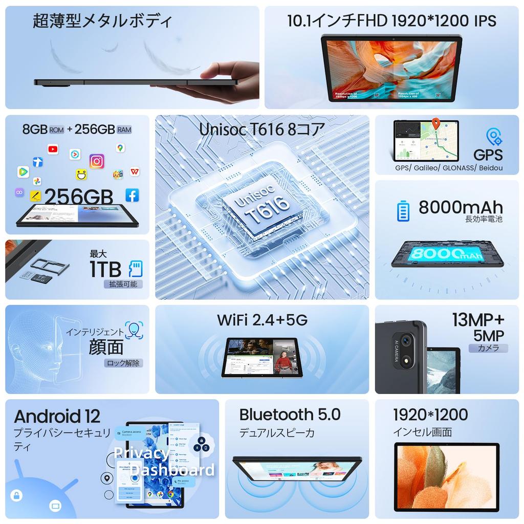 Kinstone Tablet with 8000mAh 8GB 256GB 1TB Expandable Battery FHD IPS Bluetooth Japanese Instruction Manual Supports Online Classes 10-inch 8-Core