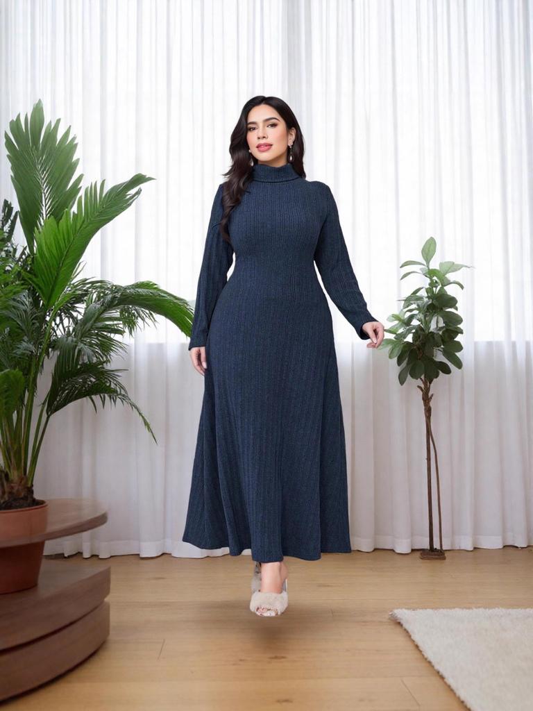Middle Eastern Style Plus Size Long Sleeve High Neck Slim Fit Elegant Home Dress