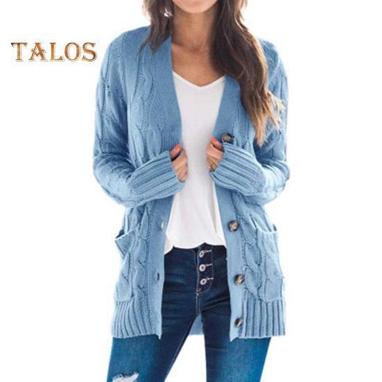 Dámský svetr bunda s dlouhým rukávem, zapínání na knoflíky, zimní kabát s kapsou, jednobarevný svetr s volným střihem