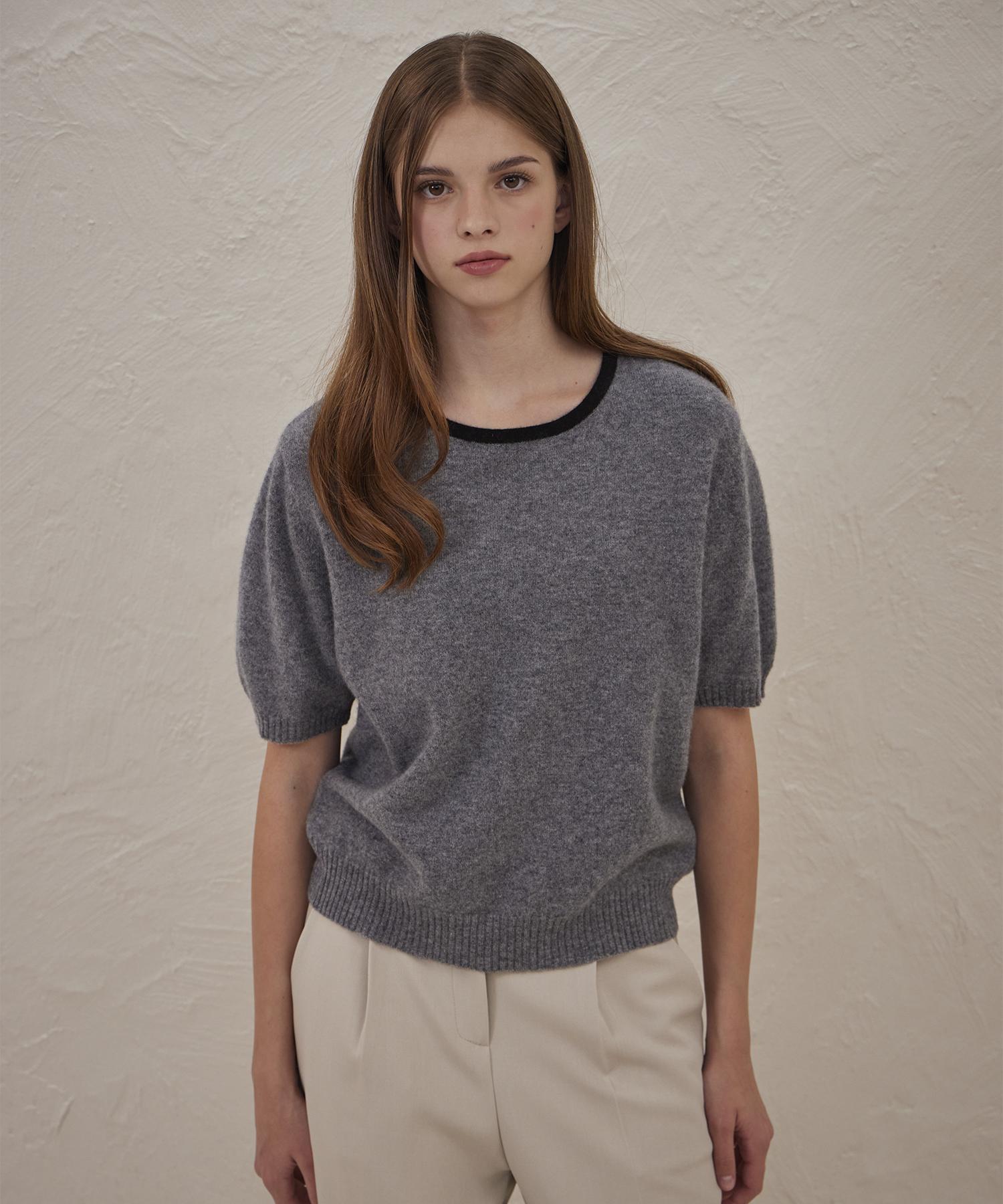 Belloel Wool Color Block Crop Knit T-Shirt Gray Free