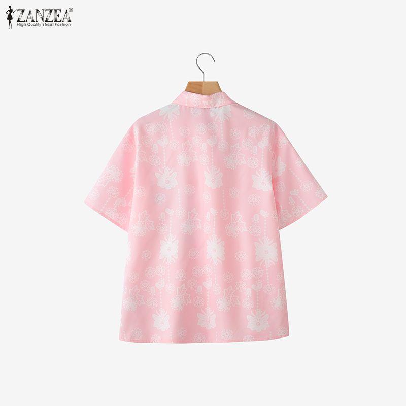 ZANZEA Women Casual Turn Down Collar Loose Short Sleeve Floral Print Blouse