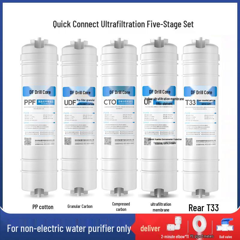 10-tommers femtrinns vannrenserfiltersett: Hurtigkobling PP Bomull, Granulert Karbon, Skalahemmer, Komprimert Karbon og RO-membran
