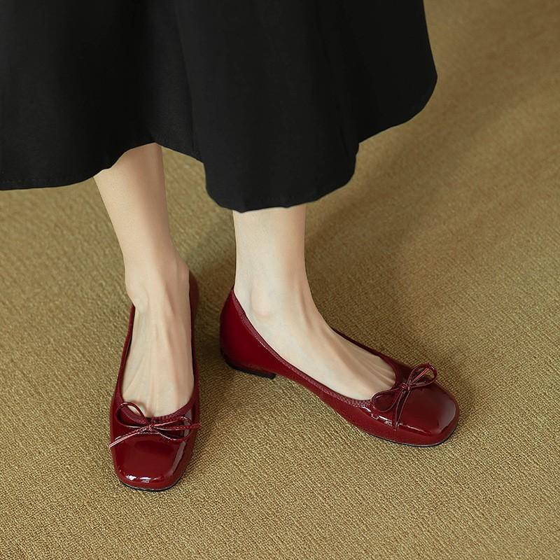 New Wine Red Retro Patent Leather Loafers Women Fashion Bowknot Slip On Square Toe Low Heels Party Retro Black Ballet Shoes