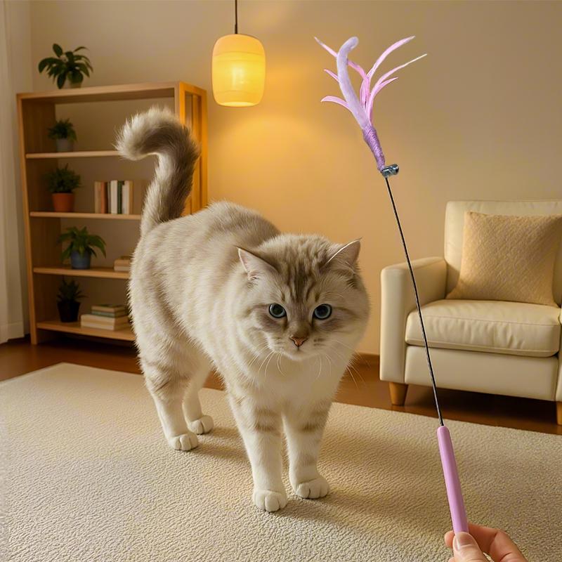 Pet Cat Toy Stick Cat Teaser Stick Indoor Cat Toy Replaceable Feather Head Feather Rod Cat Paly Toys