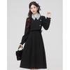 Autumn and Winter Literary and Artistic Contrasting Color Splicing Fake Two-piece Waist Medium and Long-sleeved Dress